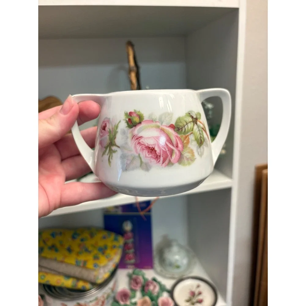 Vintage German Porcelain Pink Rose Sugar Bowl Double Handle Vase Made in Germany